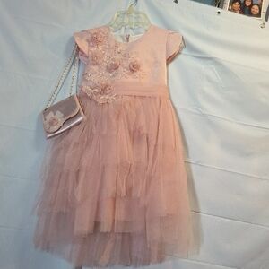 ENew Pariltim Girls Elegant Pink Kids Dress with Floral Details & Matching Purse